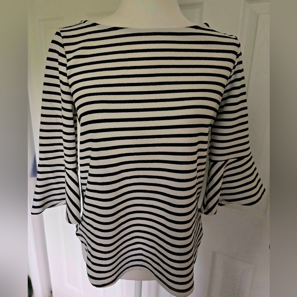 Green Envelope Striped Navy Blue and White Blouse Sz. Medium - Picture 2 of 5